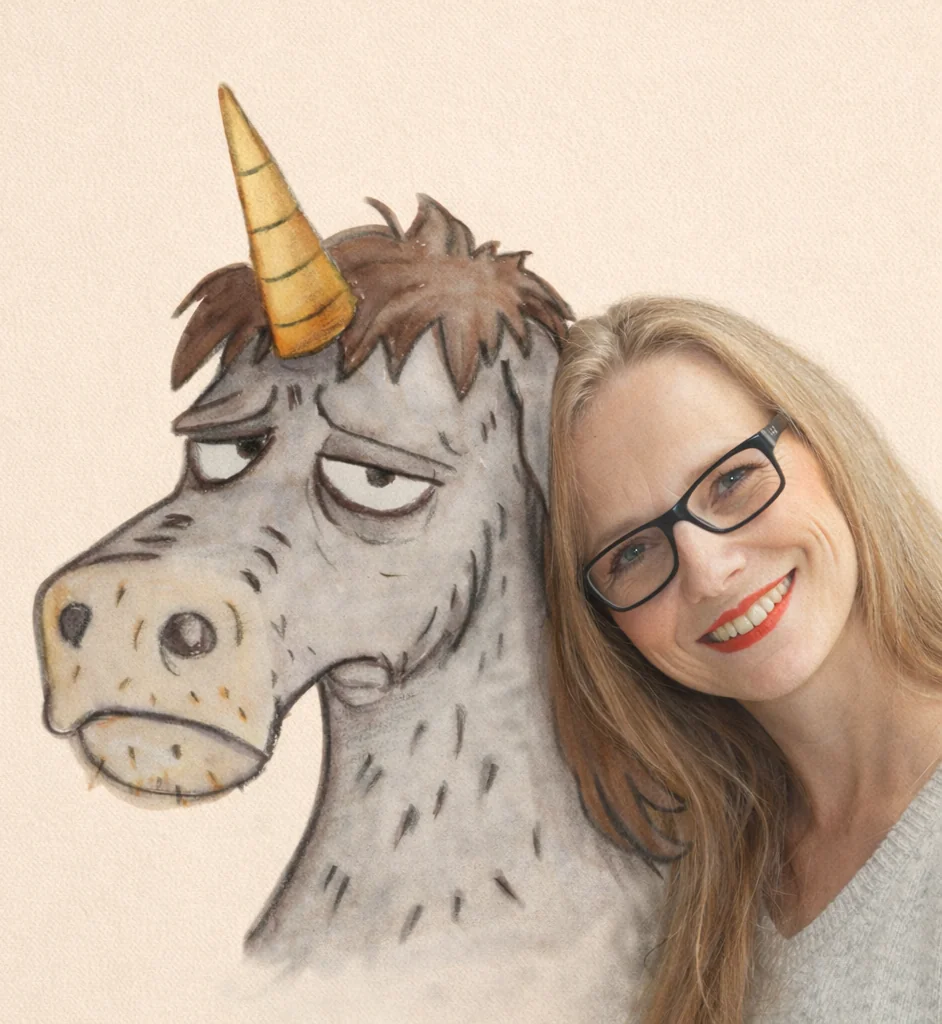 Sylvia Ludwig mit dem Einhorn aus dem Buch